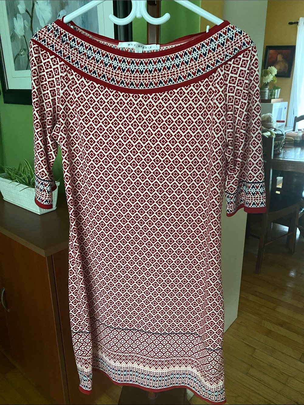 Max Studio Red Geometric Midi Dress with Boatneck